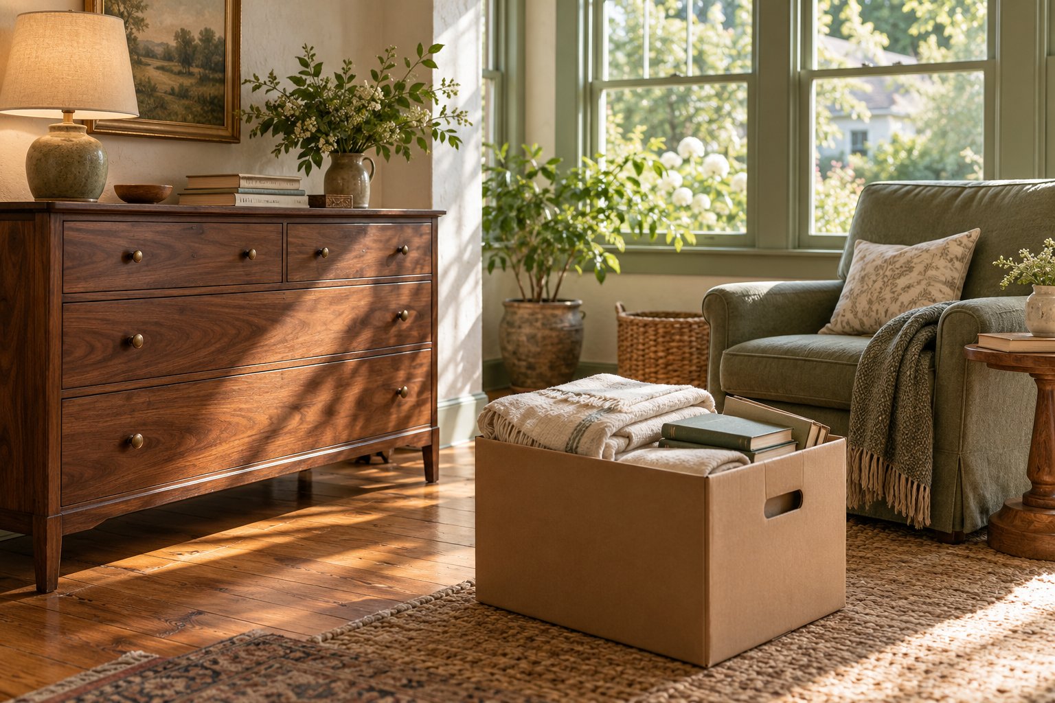 Illustrative sunlit room with a wood dresser, armchair and box of folded linens ready for reuse